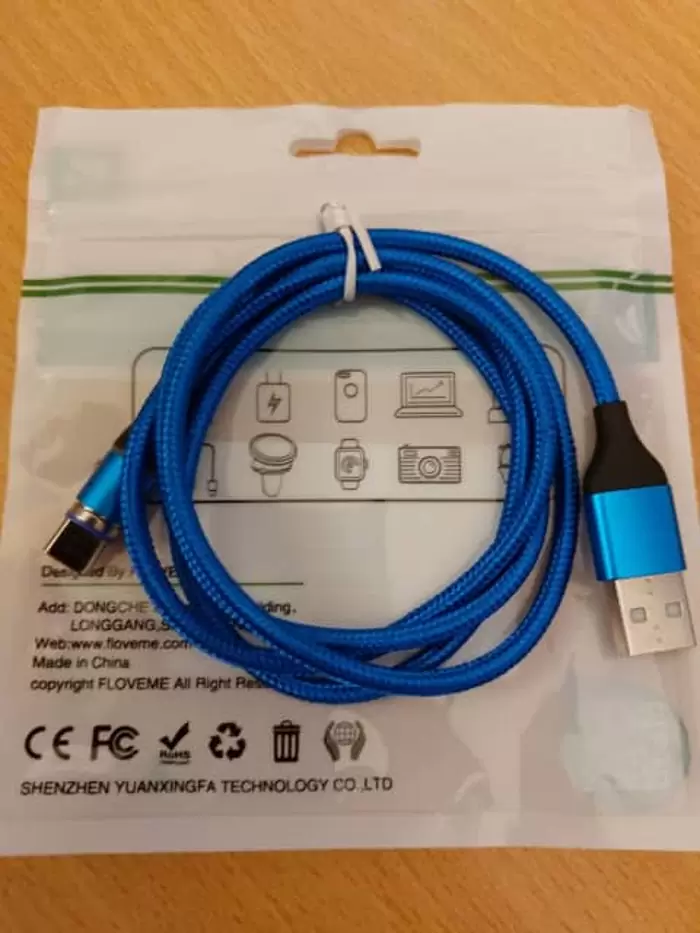 $16 Magnetic USB-C charging cable, blue 1 meter long, 3A fast-charge data